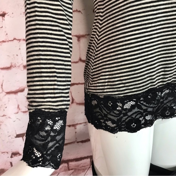 MAX STUDIO Black + Grey Stripe Black Lace Cuff + Hem long sleeve knit top SMALL - Picture 2 of 11